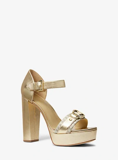 Michael Kors Rory Metallic Leather And Signature Logo Platform Sandal In Gold