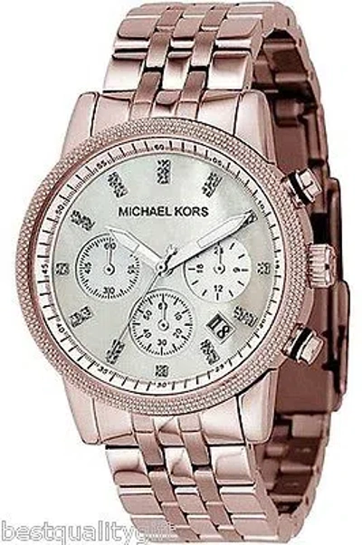 Pre-owned Michael Kors Rose Gold Tone S/steel+mop Chrono Dial+crystals,date Watch Mk5026 In Silver