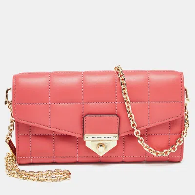 Pre-owned Michael Kors Rose Red Quilted Leather Large Soho Wallet On Chain