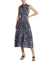Michael Kors Collection Rose Print Drop Waist Cotton Poplin Midi Shirtdress In Maritime/optic White