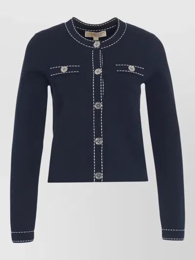 Michael Kors Round Neck Cardigan Featuring Contrast Stitching In Blue
