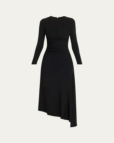 Michael Kors Ruched Long-sleeve Asymmetric Midi Dress In Black
