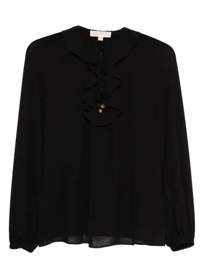 MICHAEL KORS RUFFLED BLACK BLOUSE WITH TIE NECKLINE