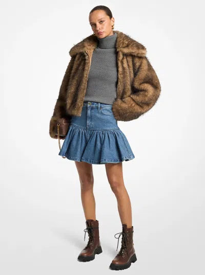 Michael Kors Ruffled Denim Mini Skirt In Burgundy