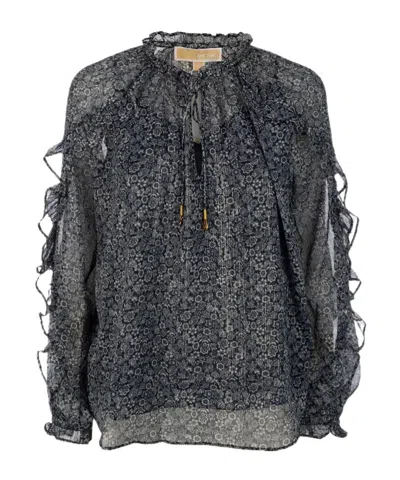 Michael Kors Sheer Floral Ruffle Top Gold Tone Tie In Gray