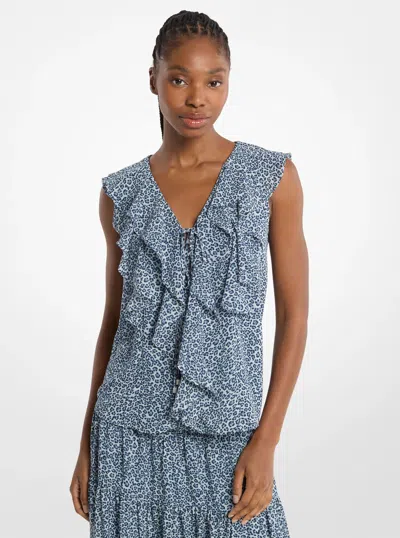 Michael Kors Ruffled Leopard Print Georgette Blouse In Blue