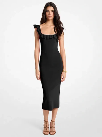 Michael Kors Ruffled Stretch Viscose Midi Dress In Black