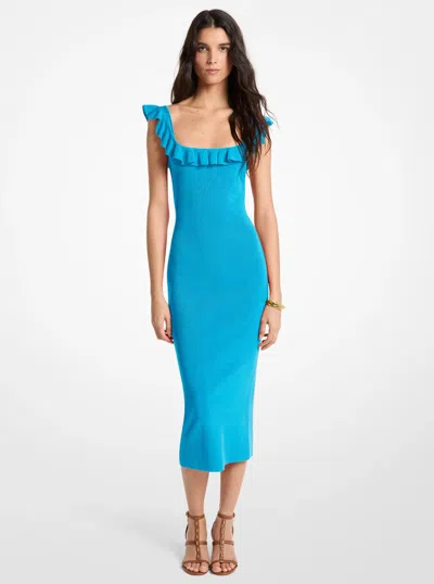 Michael Kors Ruffled Stretch Viscose Midi Dress In Blue