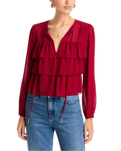 Michael Kors Ruffled Tiered Long Sleeve Top In Burgundy