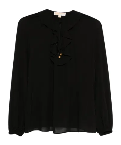 Michael Kors Ruffled-neck Long Sleeved Blouse In Black