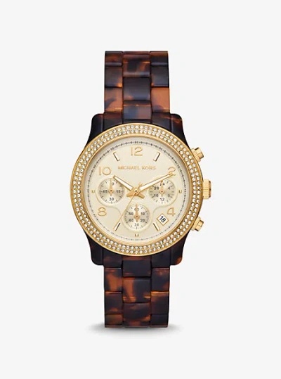 Michael Kors Runway Pavé Gold-tone And Tortoiseshell Acetate Watch In Brown