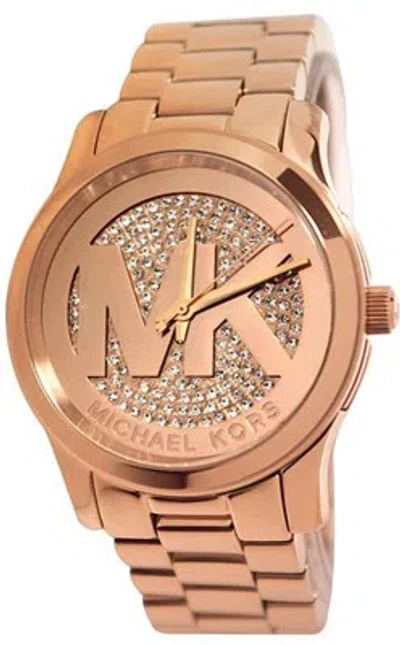 Pre-owned Michael Kors Runway Rose Gold Tone+logo Pave Crystal Dial Midsized Watch Mk5853