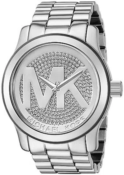 Pre-owned Michael Kors Runway Silver Tone,crystal Pave,logo,oversized Watch Mk5544