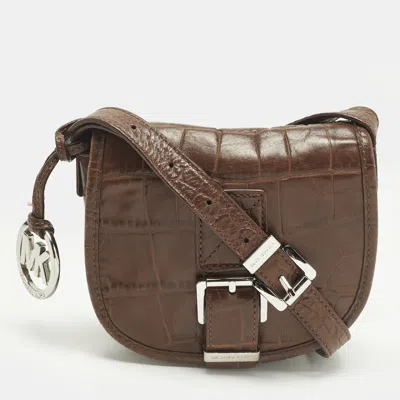 Pre-owned Michael Kors Saddle Dark Brown Croc Embossed Leather Crossbody Bag