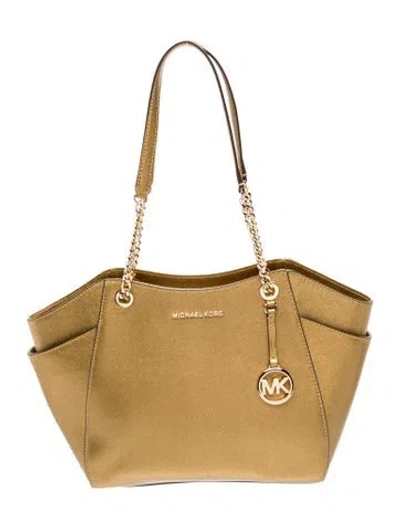Pre-owned Michael Kors Saffiano Leather Hobo In Gold