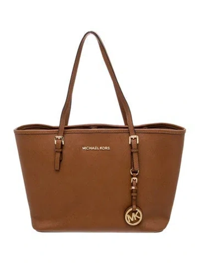 Pre-owned Michael Kors Saffiano Leather Jet Set In Brown