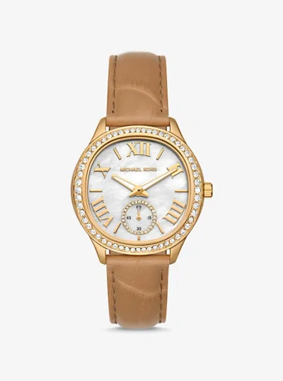 Michael Kors Sage Pavé Gold-tone And Crocodile Embossed Leather Watch In Brown