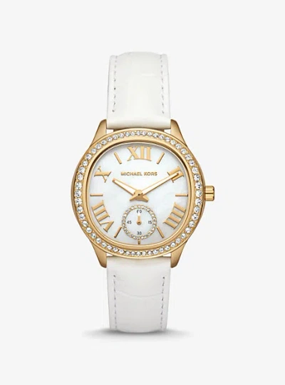 Michael Kors Sage Pavé Gold-tone And Crocodile Embossed Leather Watch In White