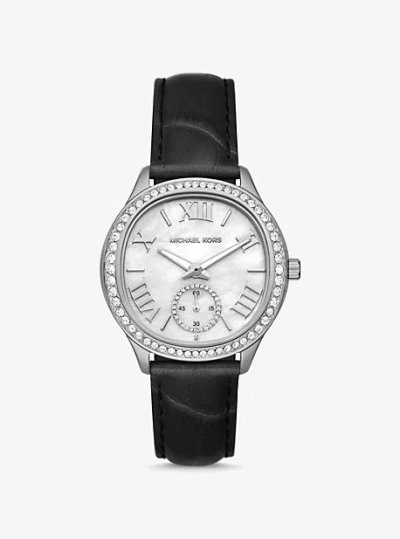 Michael Kors Sage Pavé Silver-tone And Crocodile Embossed Leather Watch In Black