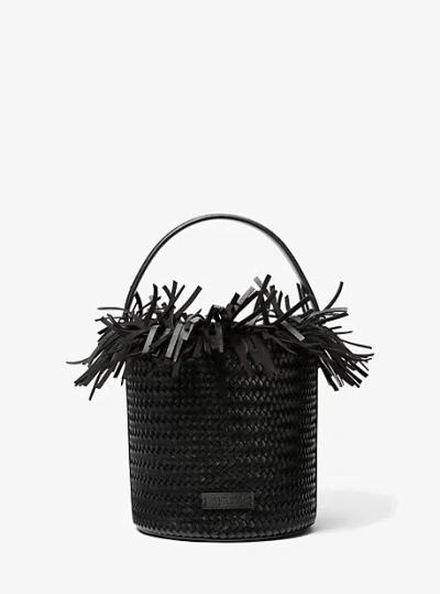 Michael Kors Salerno Fringed Woven Calf Leather Bucket Bag In Black
