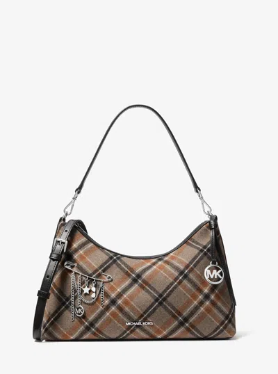Michael Kors Sammy Medium Plaid Print Wool Blend Convertible Shoulder Bag In Black