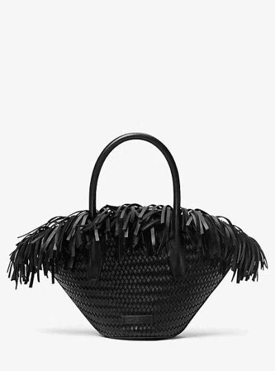 Michael Kors Sardinia Mini Hand-woven Leather Basket Tote Bag In Black