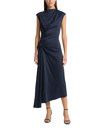 Michael Kors Satin Cowl Neck Cinched Dress In Blue