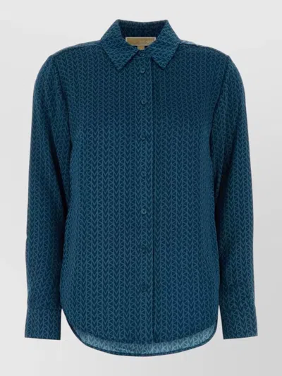 Michael Kors Satin Shirt Collar Long Sleeves Curved Hem In Blue