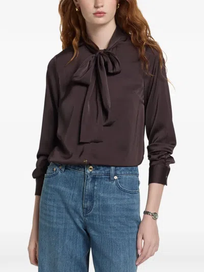 Michael Kors Satin Tie-neck Blouse In Brown