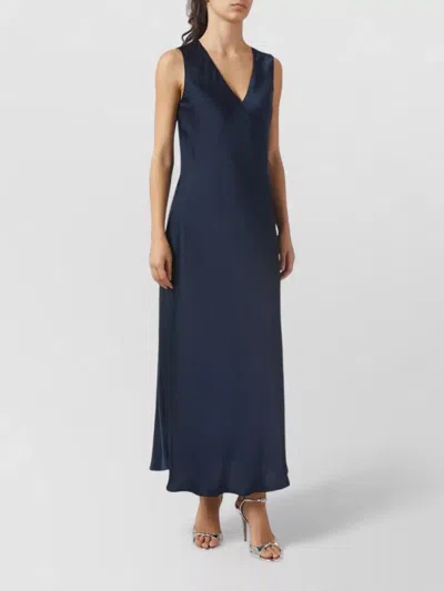 Michael Kors Satin V Neck Sleeveless Maxi Dress In Blue