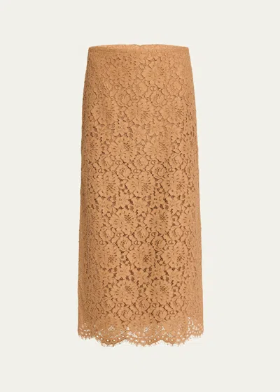 Michael Kors Scalloped Lace Side Slit Midi Skirt In Suntan