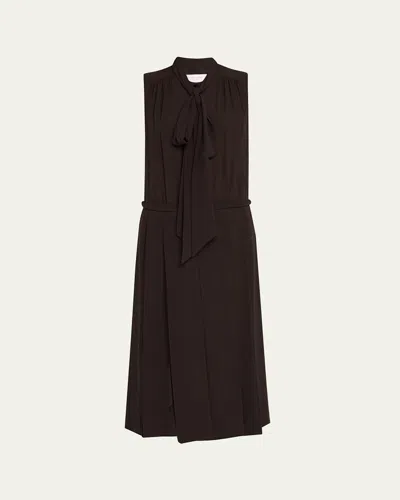 Michael Kors Scarf-neck Pleated Silk Midi Shirtdress In Brown