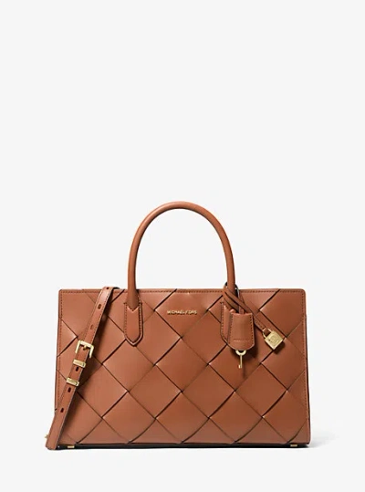 Michael Kors Scarlett Medium Woven Leather Satchel In Brown
