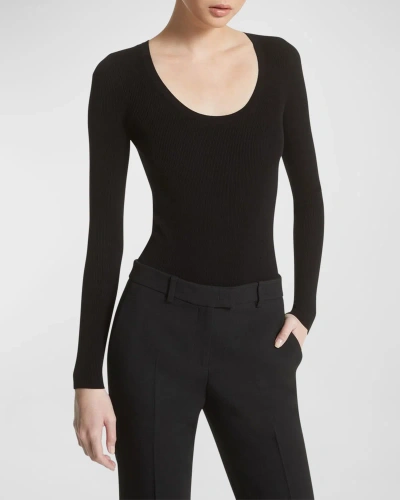 Michael Kors Scoop-neck Long-sleeve Jersey Bodysuit In Black