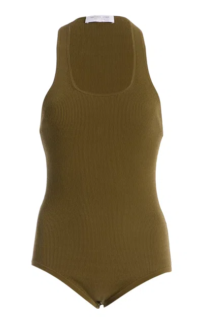Michael Kors Scoop Neck Ribbed Bodysuit In Green