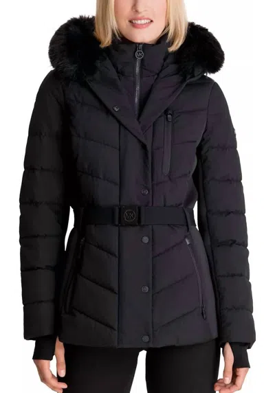 Michael Kors Scuba Quilted Belted Coat Jacket With Fur Hood In Black