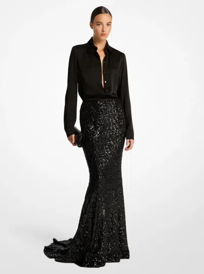 Michael Kors Sequin Embroidered Stretch Fishtail Skirt In Black