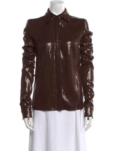 Pre-owned Michael Kors Sequin Long Sleeve Button-up Top In Brown