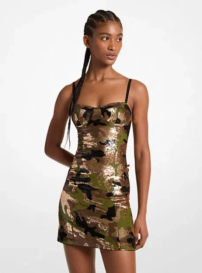 Michael Kors Sequined Camouflage Bustier Dress In Brown