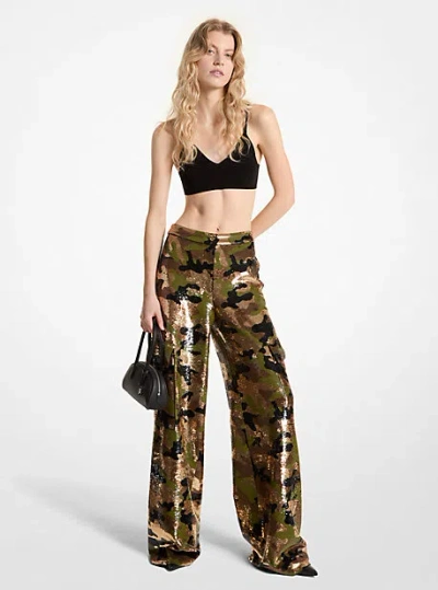 Michael Kors Sequined Camouflage Wide-leg Cargo Pants In Green