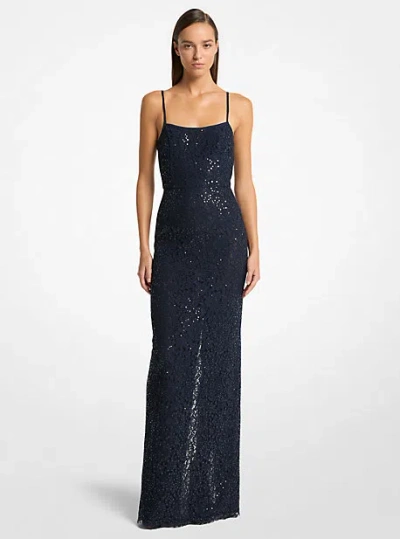 Michael Kors Sequined Corded Floral Lace Gown In Black
