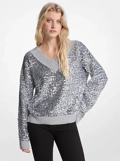 Michael Kors Sequined Cotton Blend Sweater In Silver