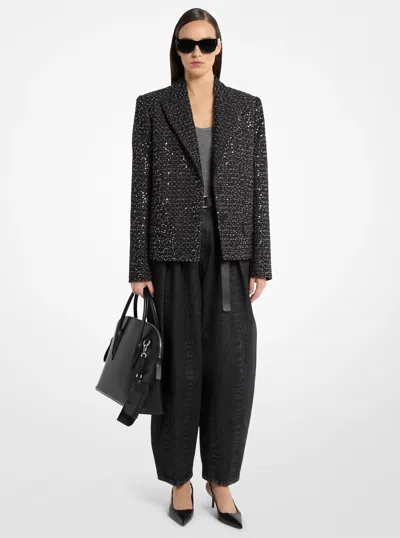Michael Kors Sequined Denim Tweed Cropped Blazer In Black