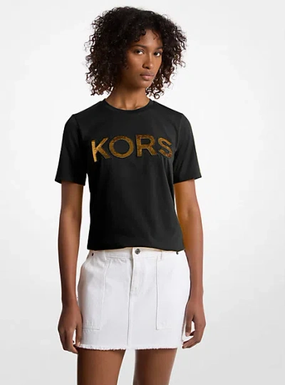 Michael Kors Sequined Logo Cotton T-shirt In Black