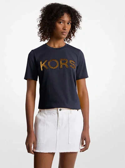Michael Kors Sequined Logo Cotton T-shirt In Blue