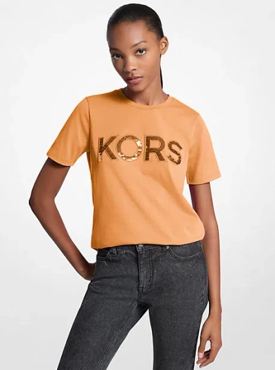 Michael Kors Sequined Logo Cotton T-shirt In Brown