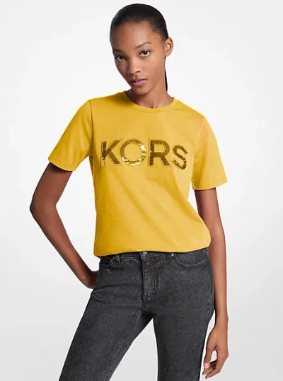 Michael Kors Sequined Logo Cotton T-shirt In Yellow