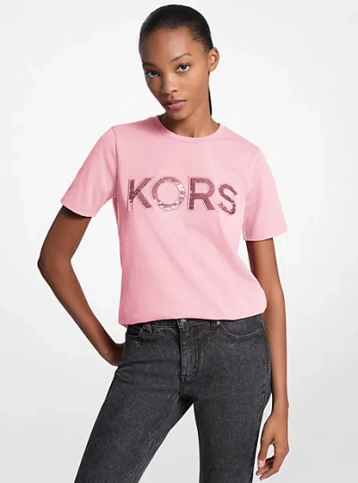 Michael Kors Sequined Logo Cotton T-shirt In Pink