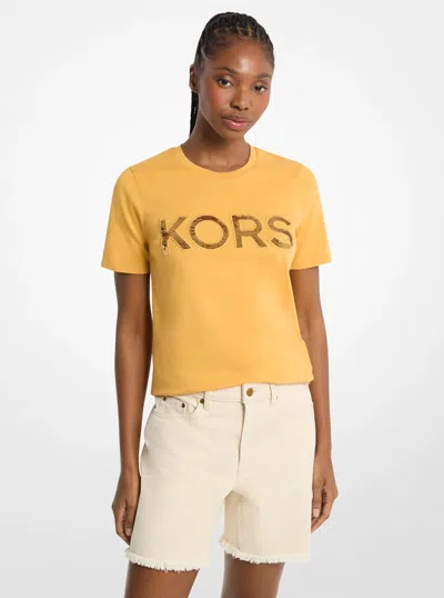 Michael Kors Sequined Logo Cotton T-shirt In Yellow