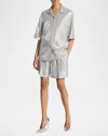 Michael Kors Sequined Short Sleeve Button Up Top In Pearlsilv